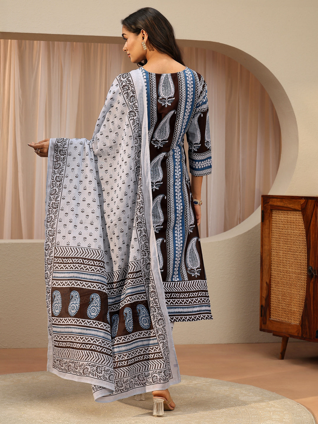  Brown Ajrakh Printed Cotton Straight Suit Set 