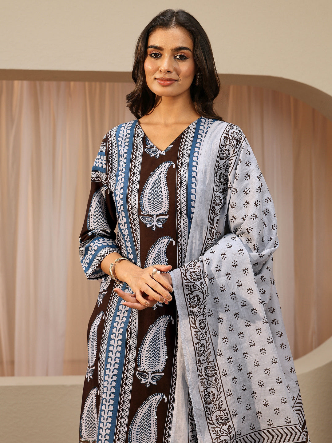  Brown Ajrakh Printed Cotton Straight Suit Set 