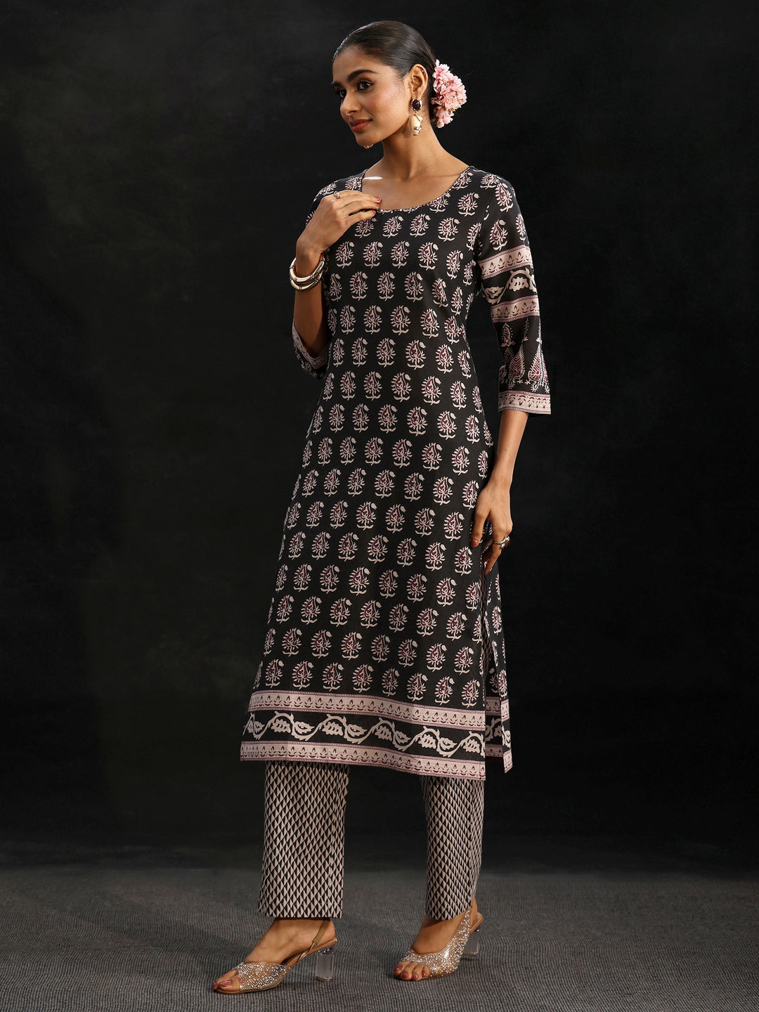  Libas Black Ajrakh Printed Cotton Straight Suit Set 