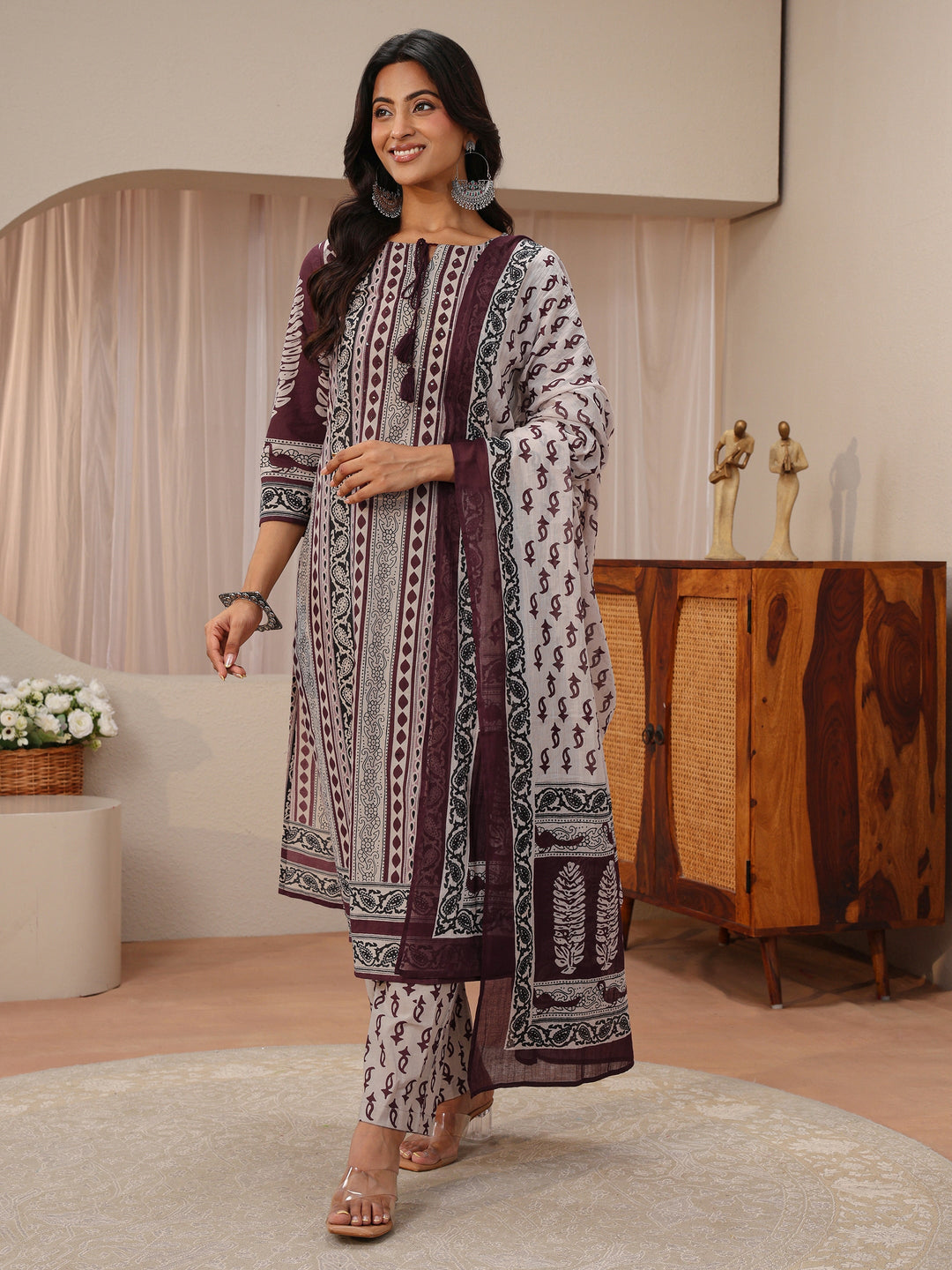  Maroon Ethnic Printed Cotton Straight Suit Set 