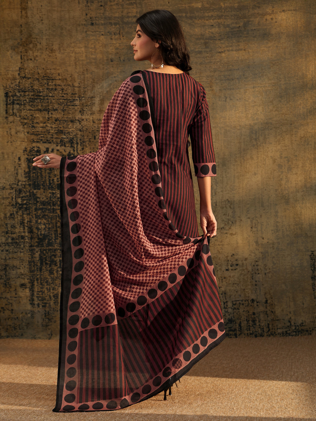  Libas Brown Ajrakh Printed Cotton Straight Suit Set 