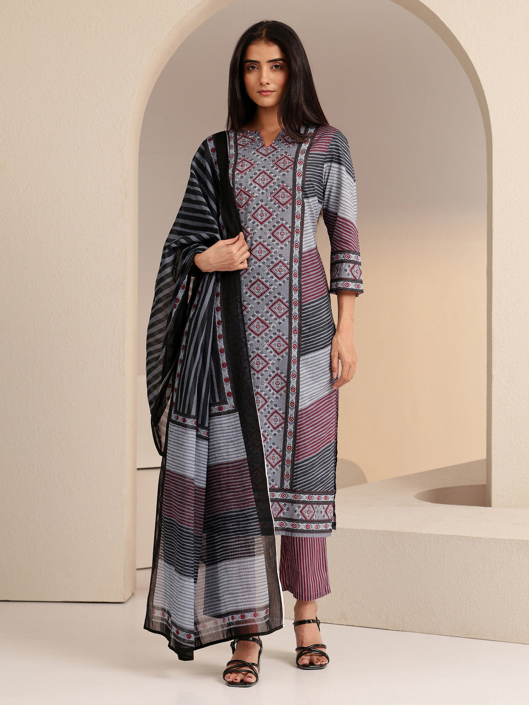  Grey Ajrakh Print Straight Cotton Suit Set 