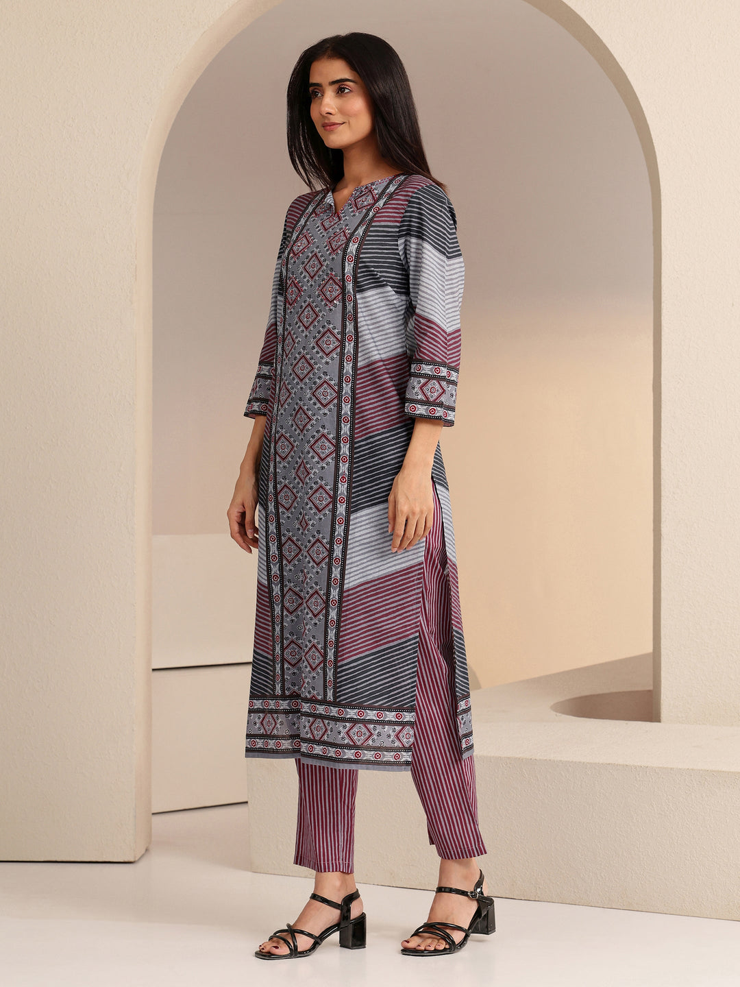  Grey Ajrakh Print Straight Cotton Suit Set 