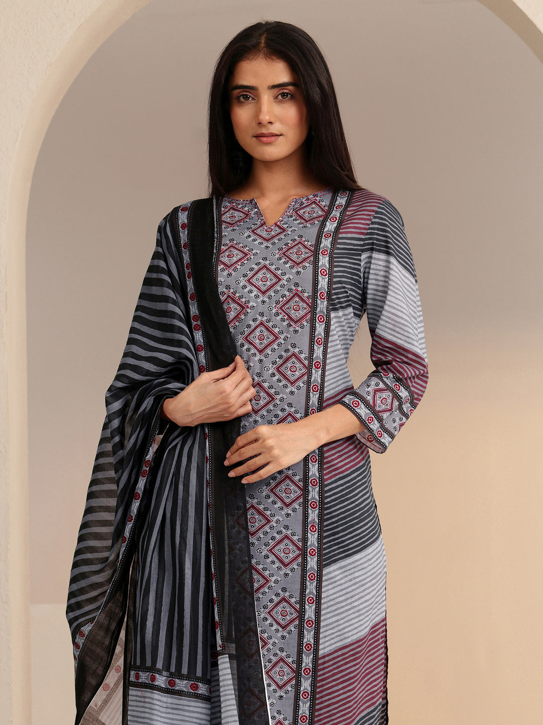  Grey Ajrakh Print Straight Cotton Suit Set 