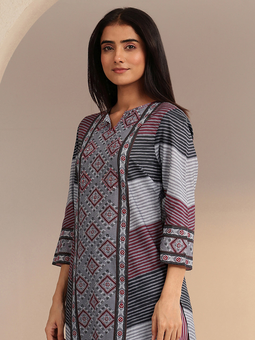  Grey Ajrakh Print Straight Cotton Suit Set 