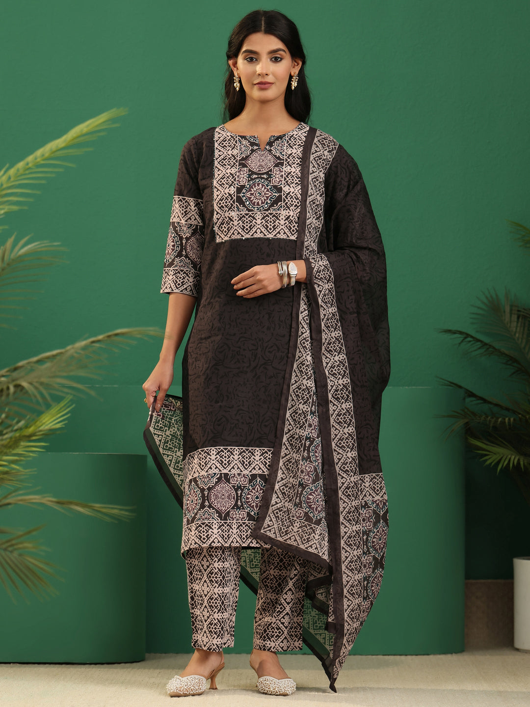  Libas Brown Ajrakh Cotton Straight Suit Set 