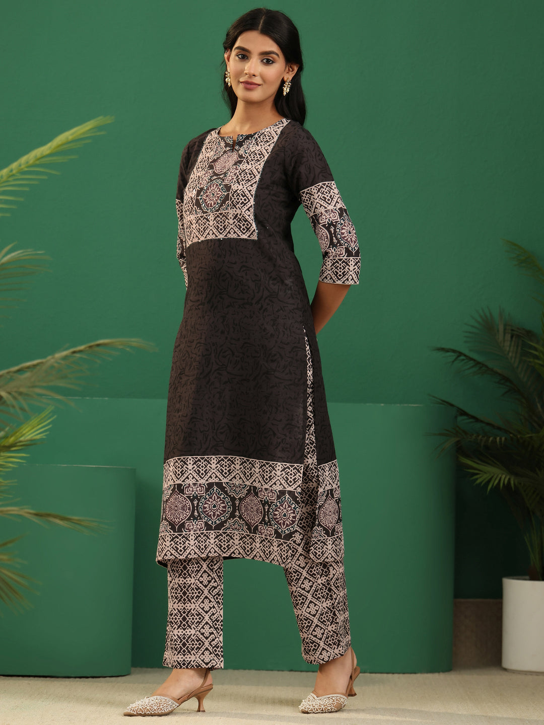  Libas Brown Ajrakh Cotton Straight Suit Set 