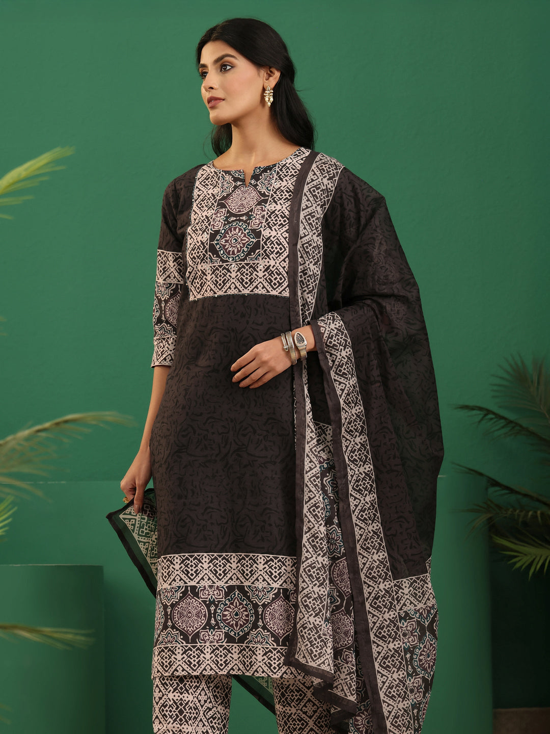  Libas Brown Ajrakh Cotton Straight Suit Set 