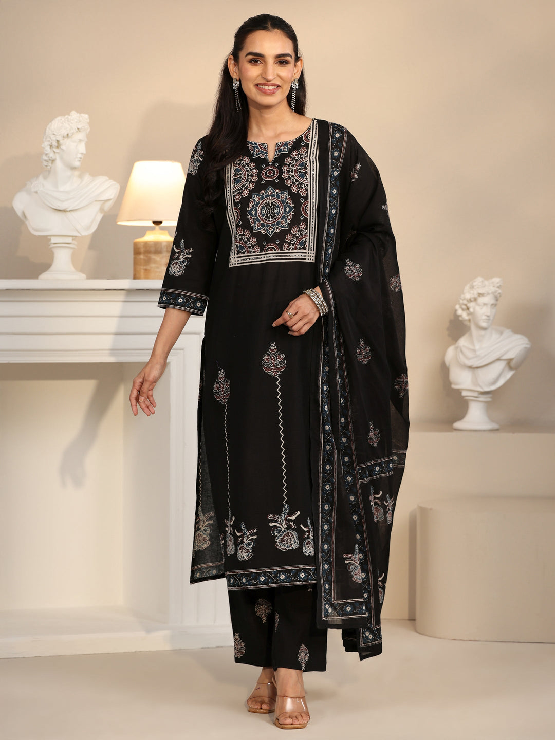  Libas Black Ajrakh Printed Cotton Straight Suit Set 