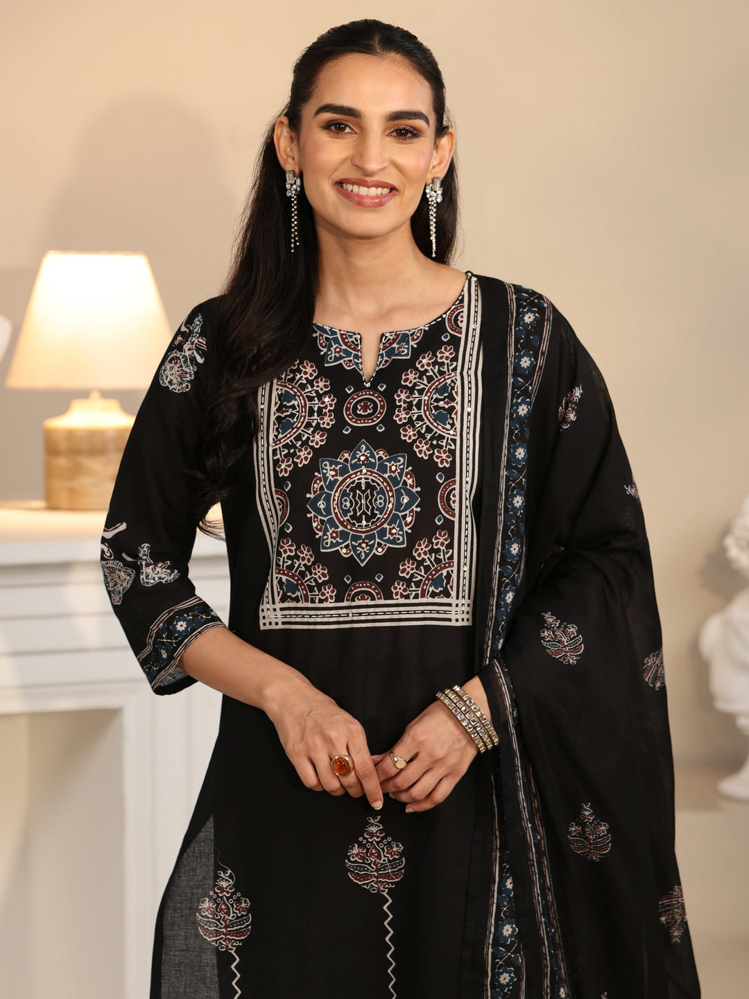  Libas Black Ajrakh Printed Cotton Straight Suit Set 
