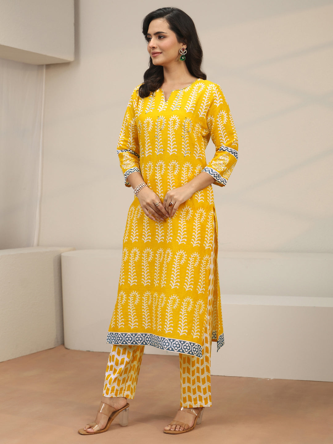  Libas Yellow Block Printed Cotton Straight Suit Set 