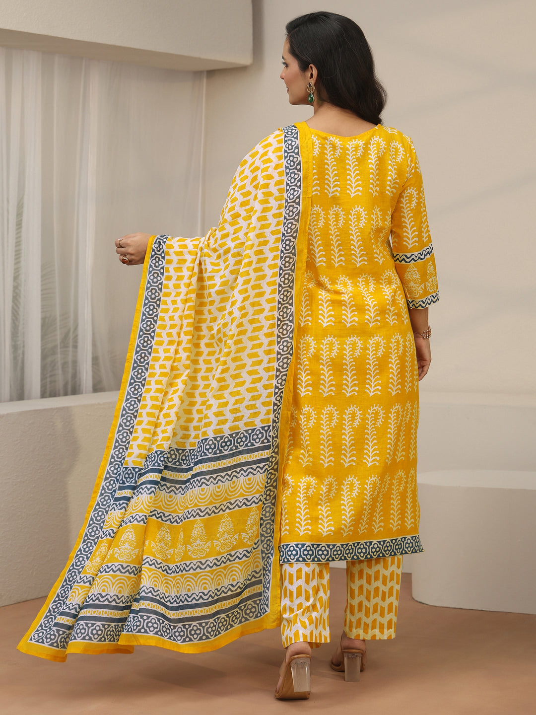  Libas Yellow Block Printed Cotton Straight Suit Set 