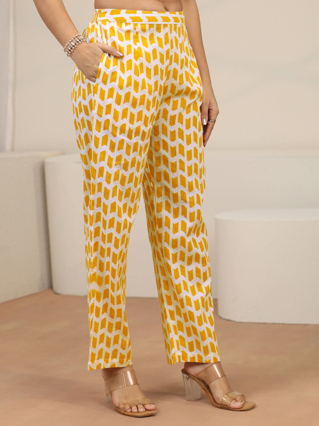  Libas Yellow Block Printed Cotton Straight Suit Set 