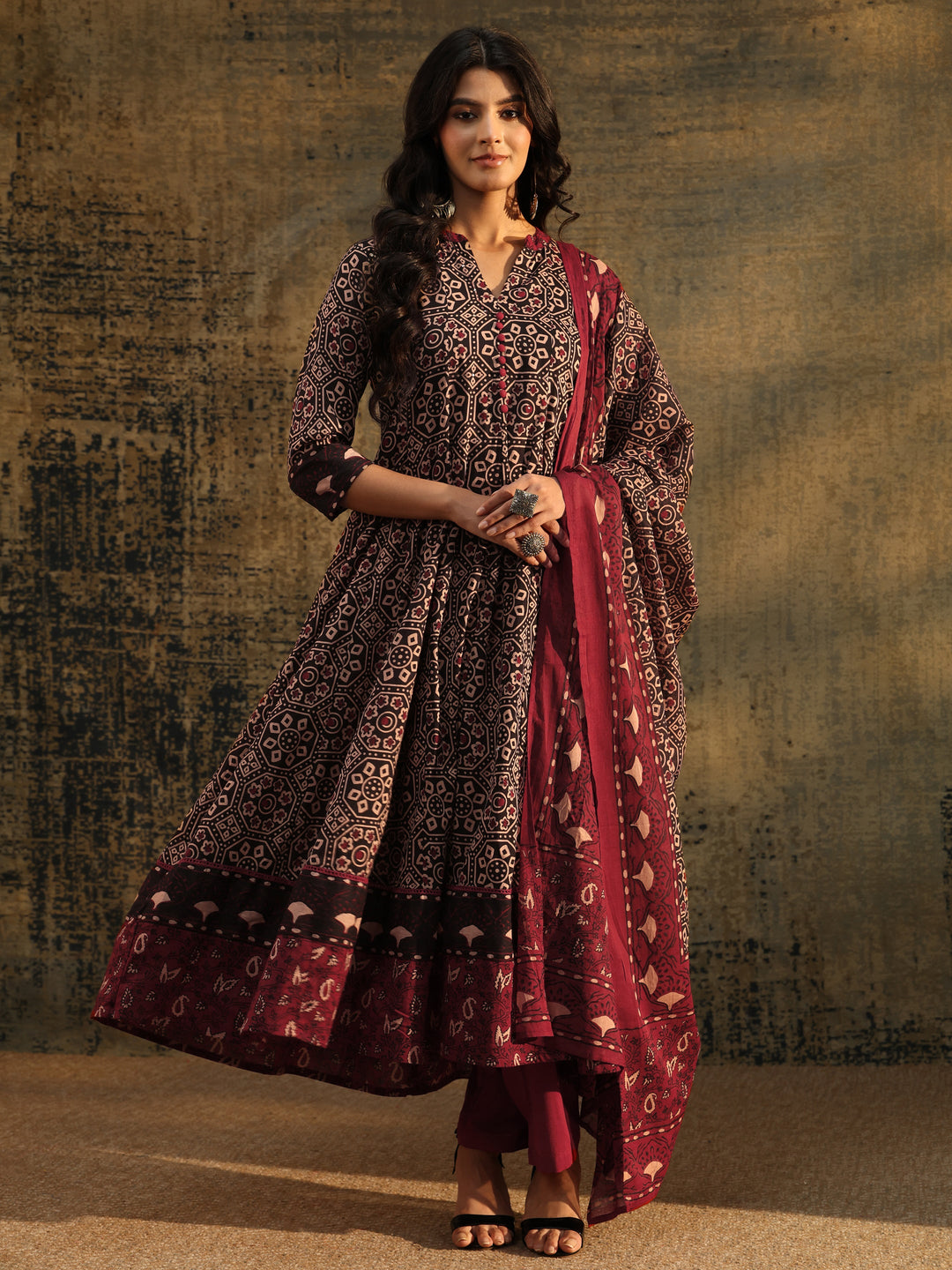  Libas Black Ajrakh Printed Cotton Anarkali Suit Set 