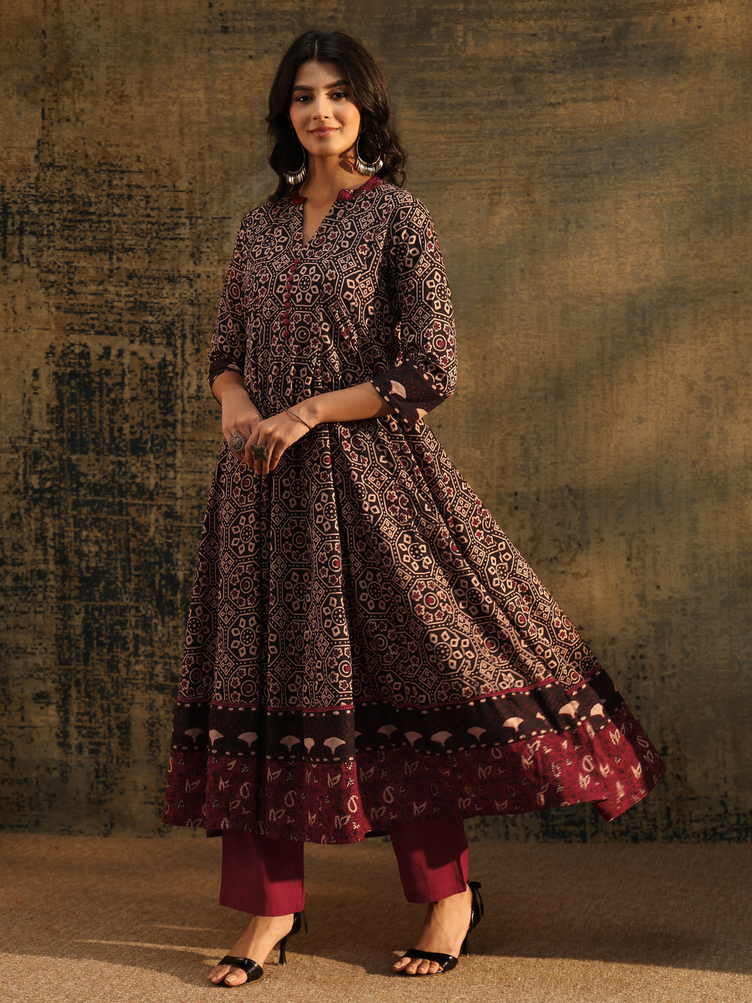  Libas Black Ajrakh Printed Cotton Anarkali Suit Set 