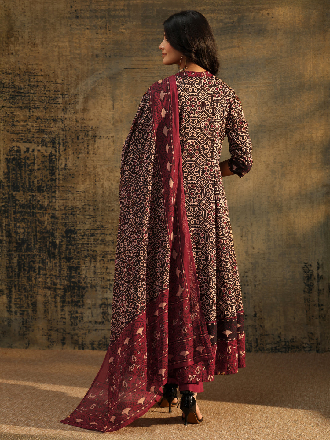  Libas Black Ajrakh Printed Cotton Anarkali Suit Set 