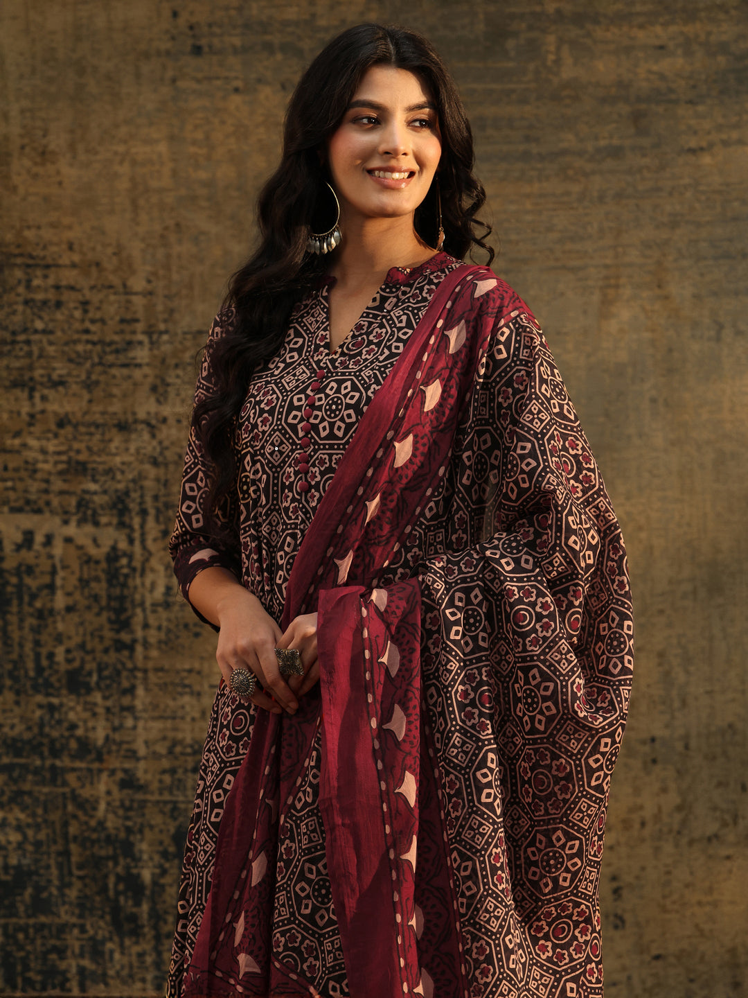  Libas Black Ajrakh Printed Cotton Anarkali Suit Set 