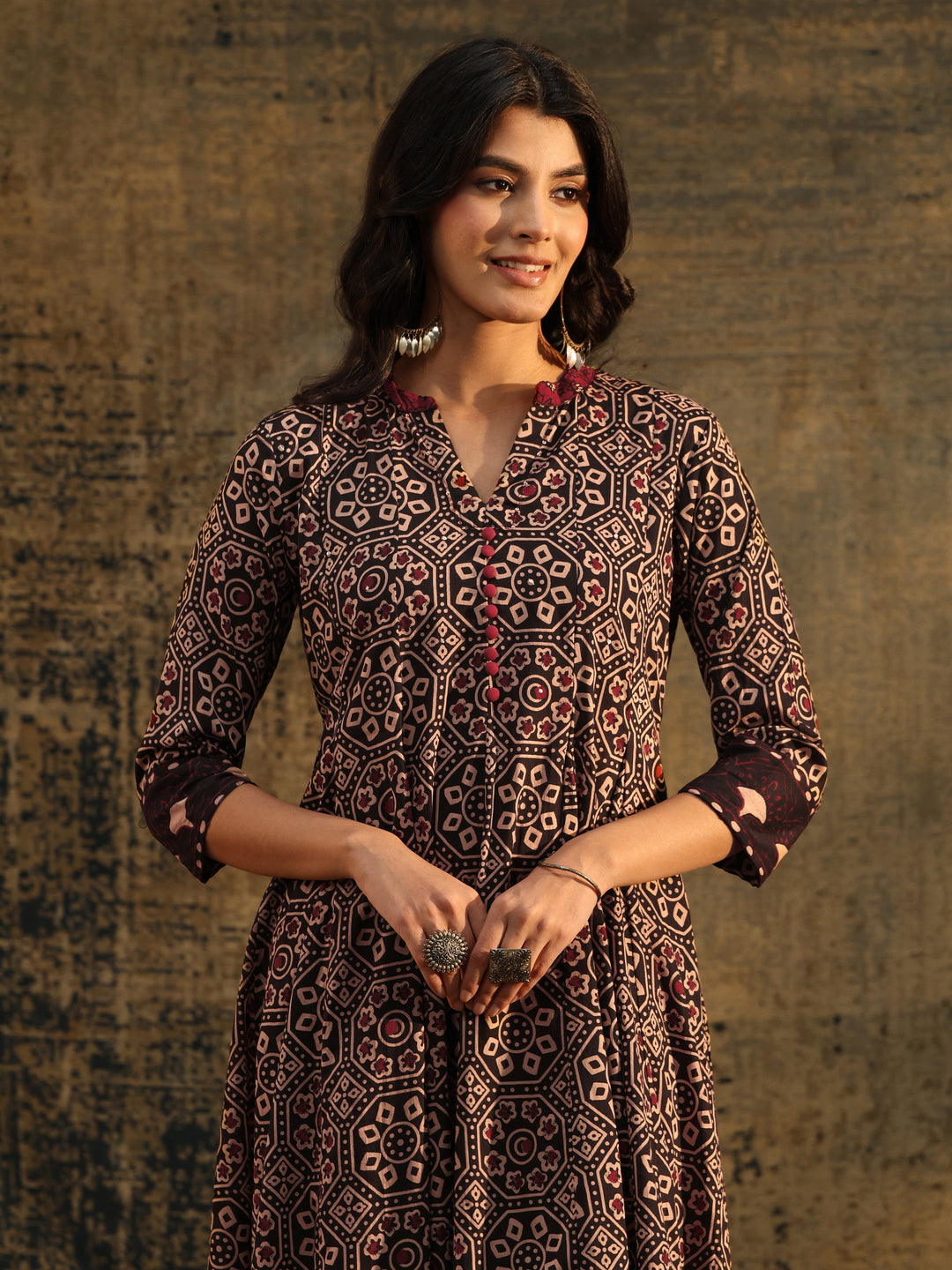  Libas Black Ajrakh Printed Cotton Anarkali Suit Set 