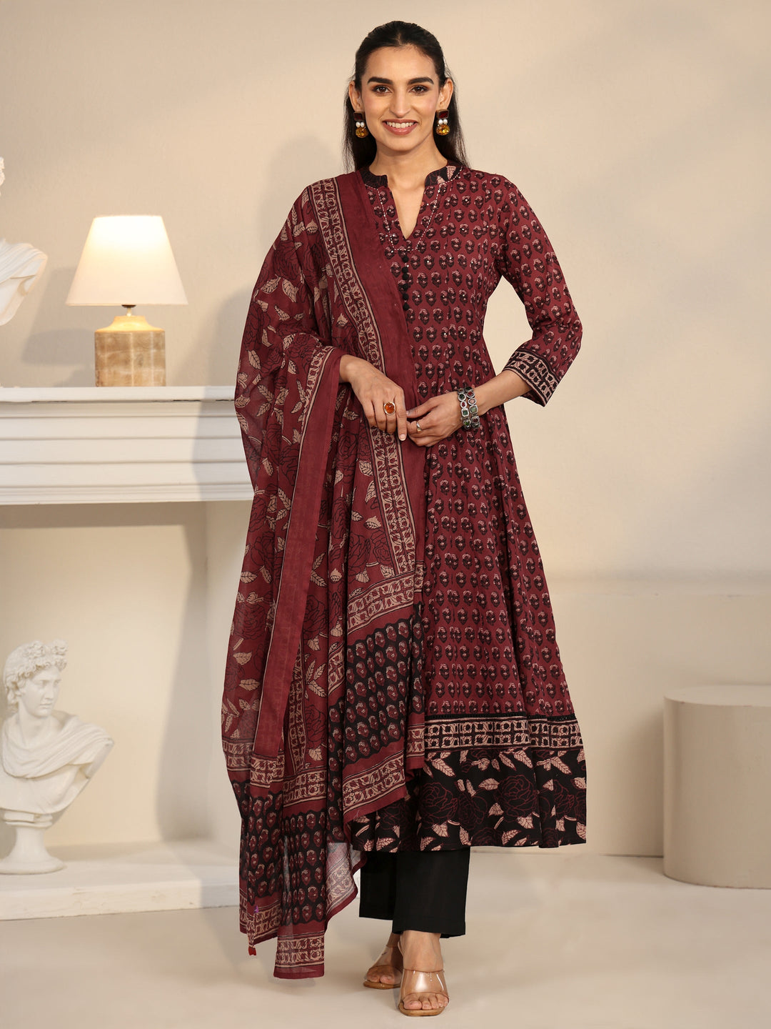  Libas Rust Red Ajrakh Printed Cotton Anarkali Suit Set 