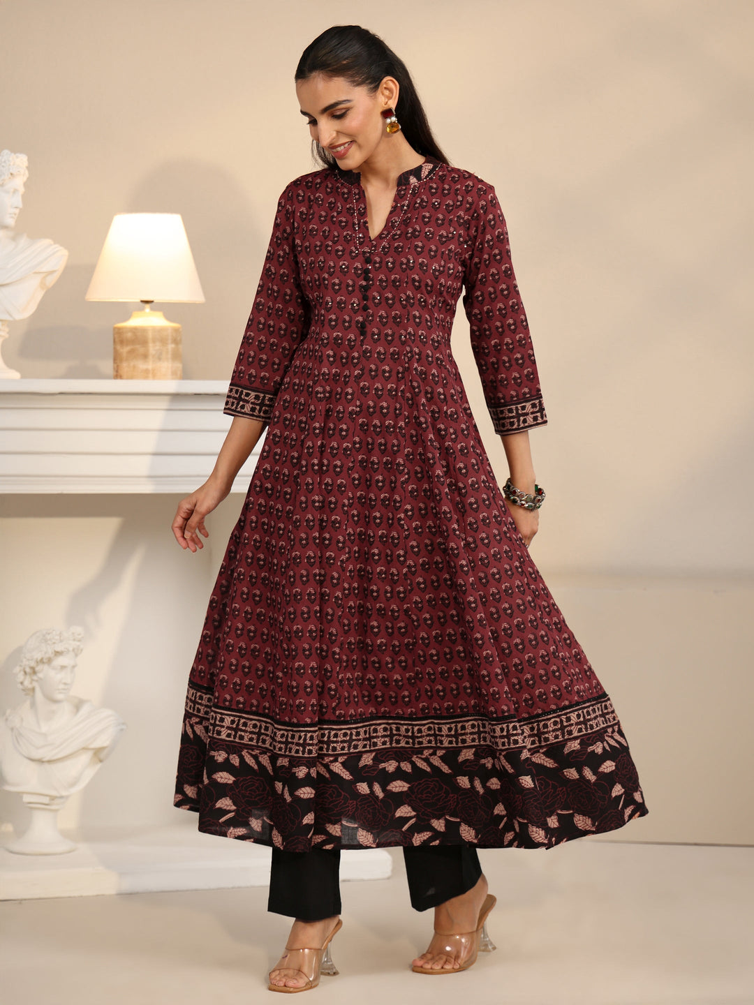  Libas Rust Red Ajrakh Printed Cotton Anarkali Suit Set 