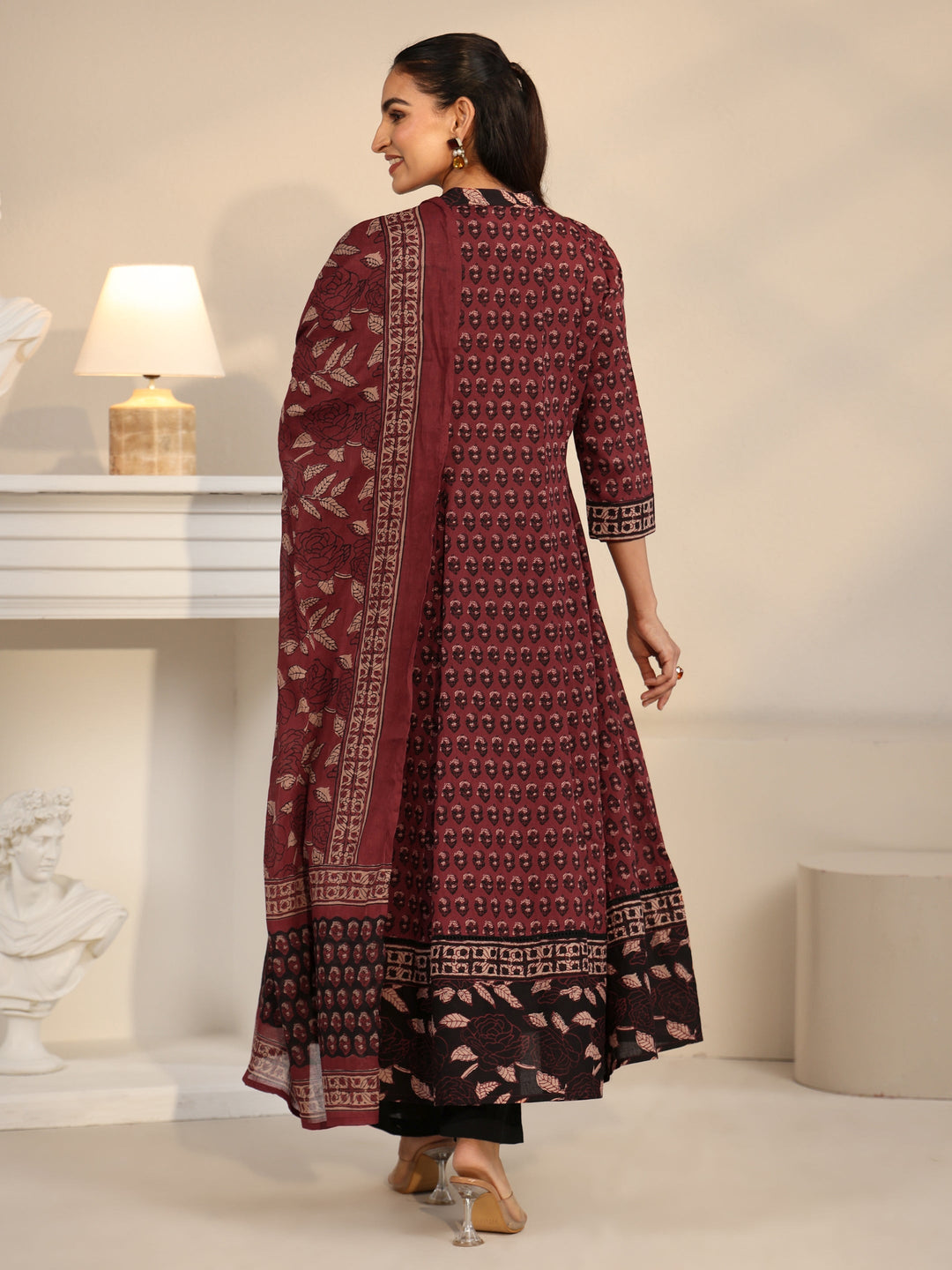  Libas Rust Red Ajrakh Printed Cotton Anarkali Suit Set 