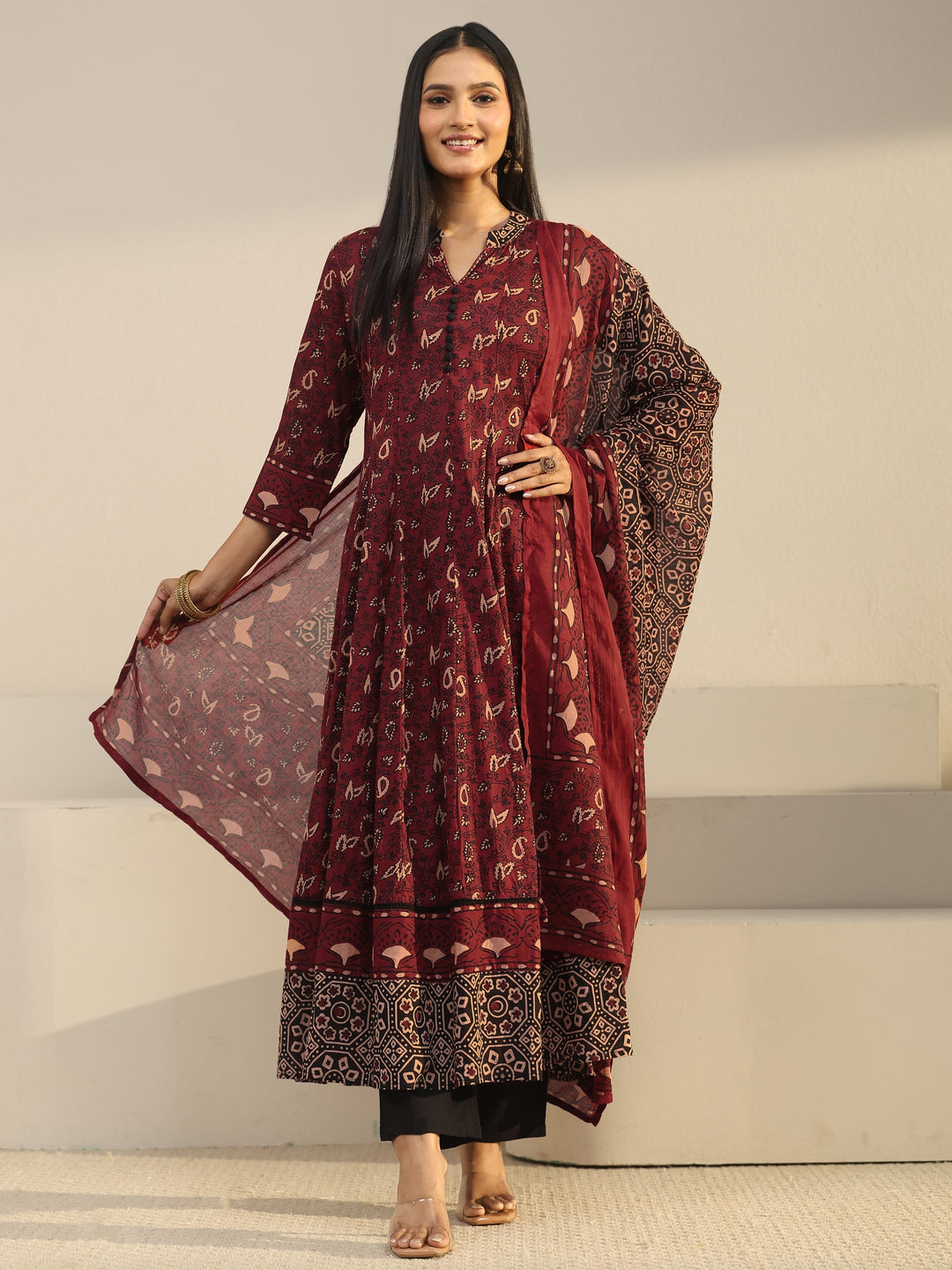  Libas Rust Brown Ajrakh Printed Cotton Anarkali Suit Set 