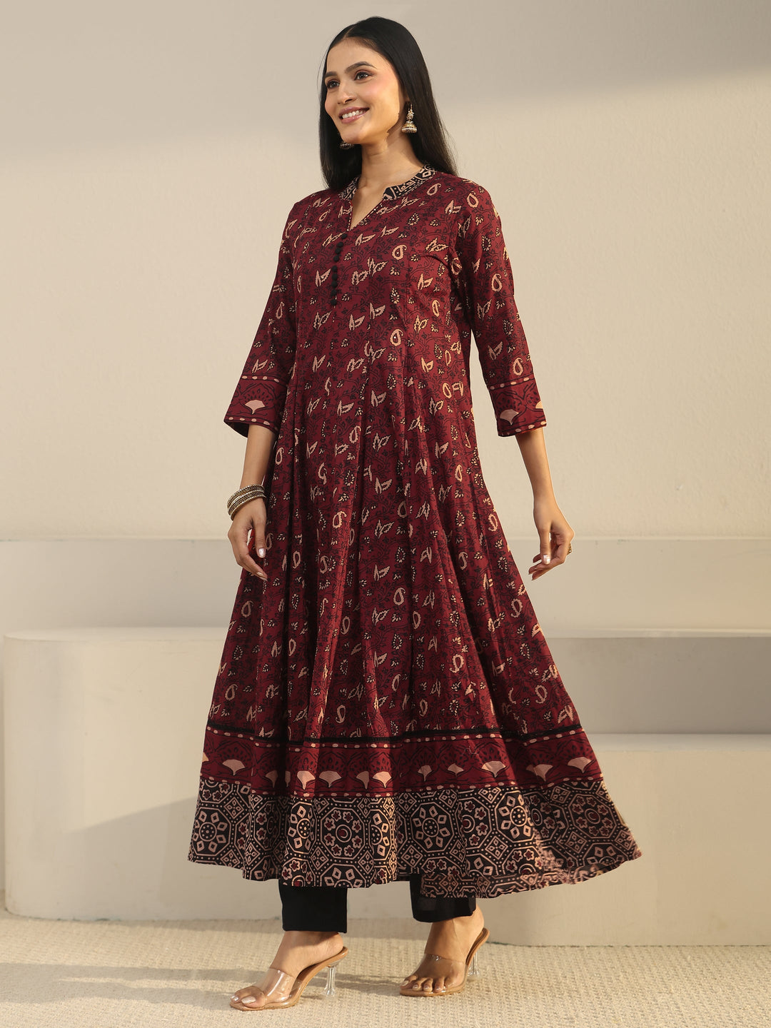  Libas Rust Brown Ajrakh Printed Cotton Anarkali Suit Set 