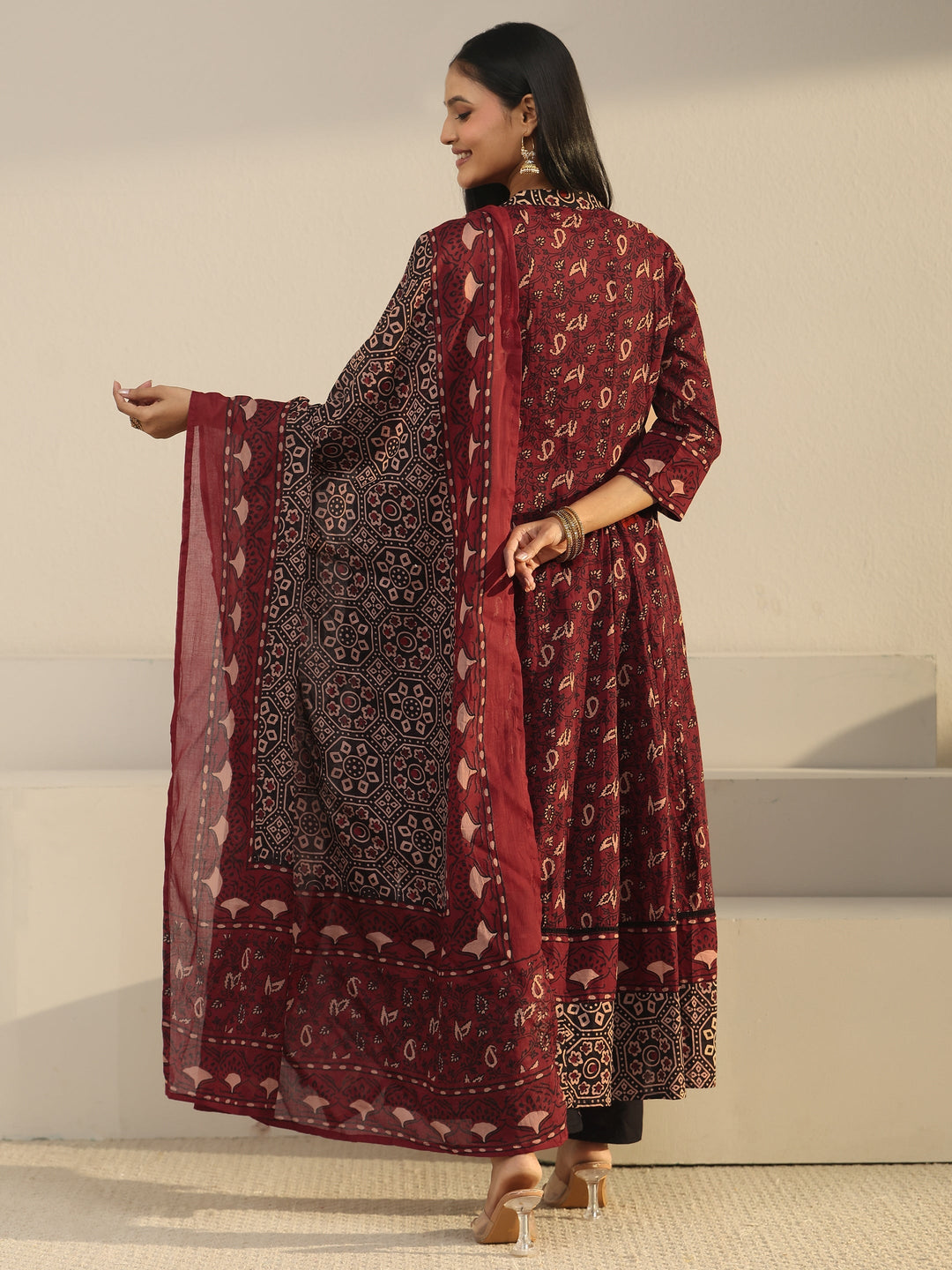  Libas Rust Brown Ajrakh Printed Cotton Anarkali Suit Set 