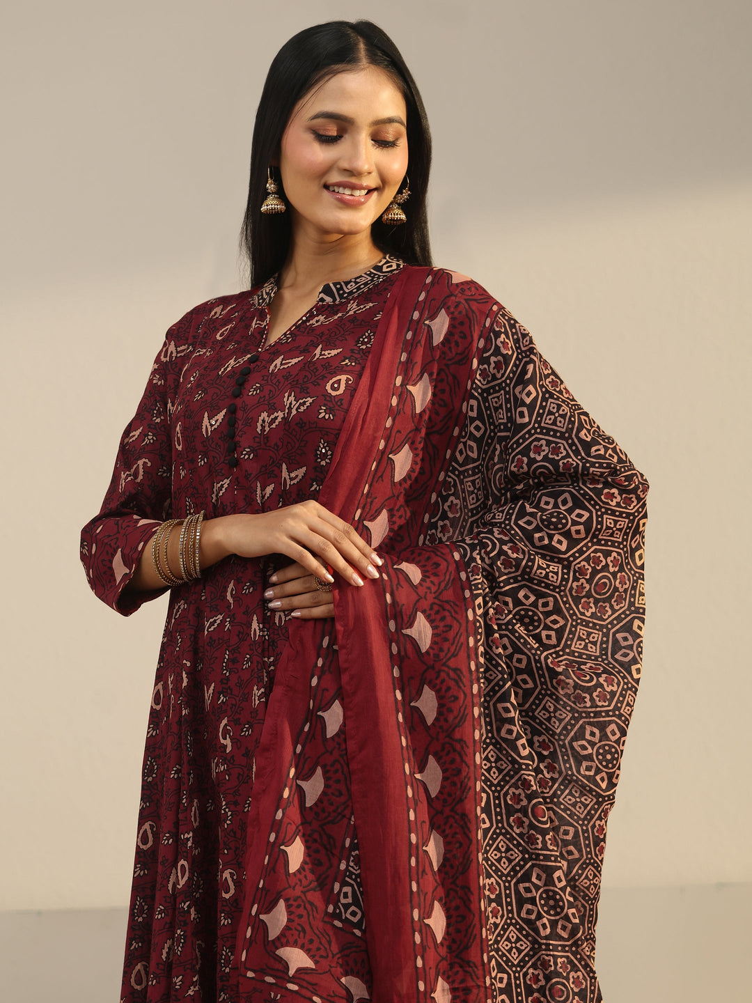  Libas Rust Brown Ajrakh Printed Cotton Anarkali Suit Set 