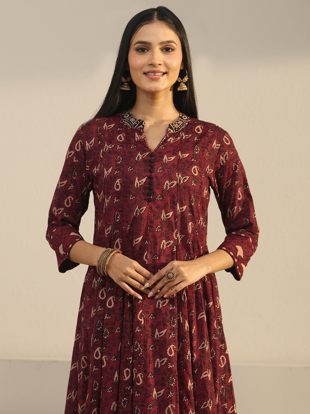  Libas Rust Brown Ajrakh Printed Cotton Anarkali Suit Set 