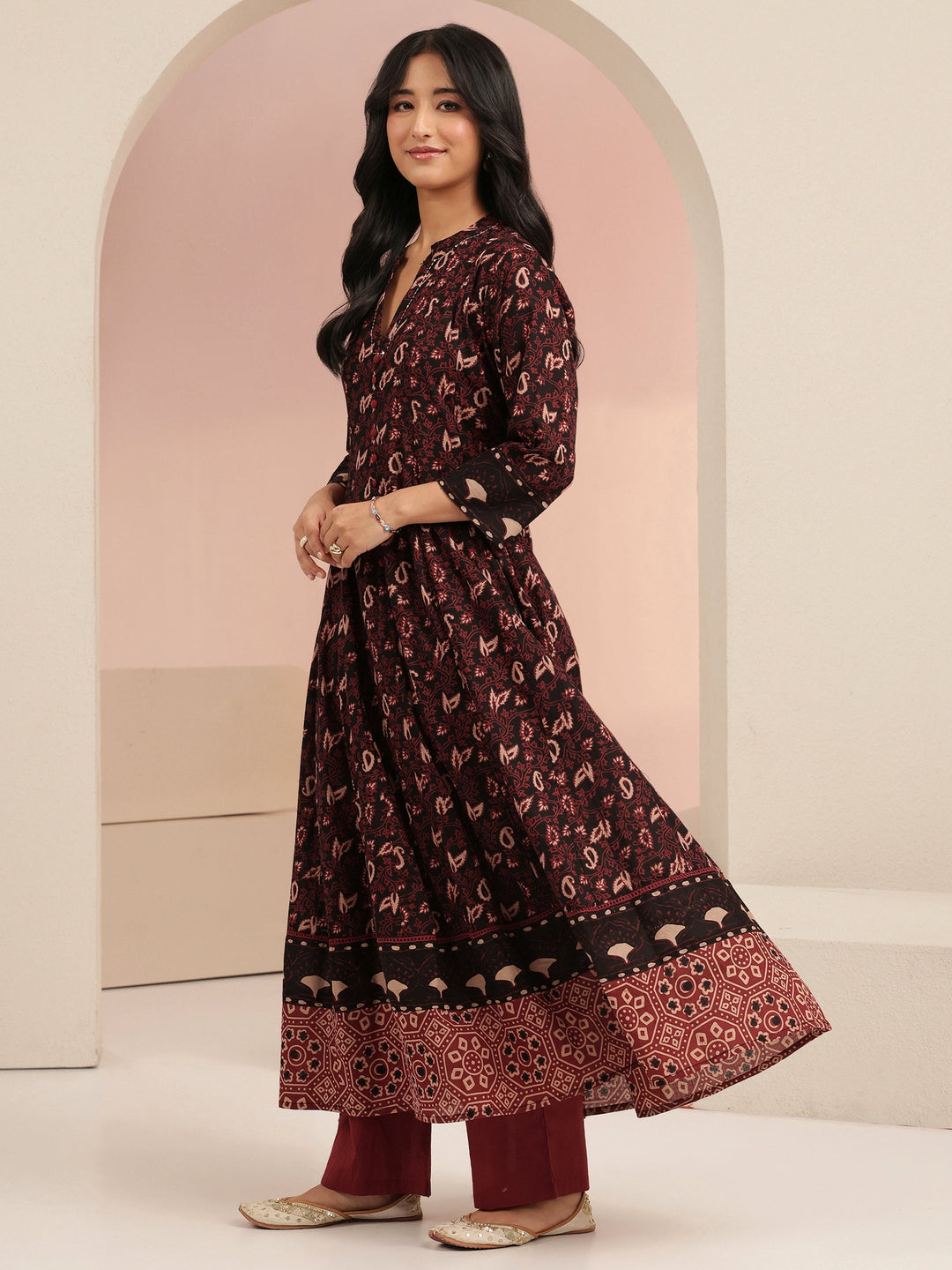  Black Ajrakh Printed Cotton Anarkali Suit Set 