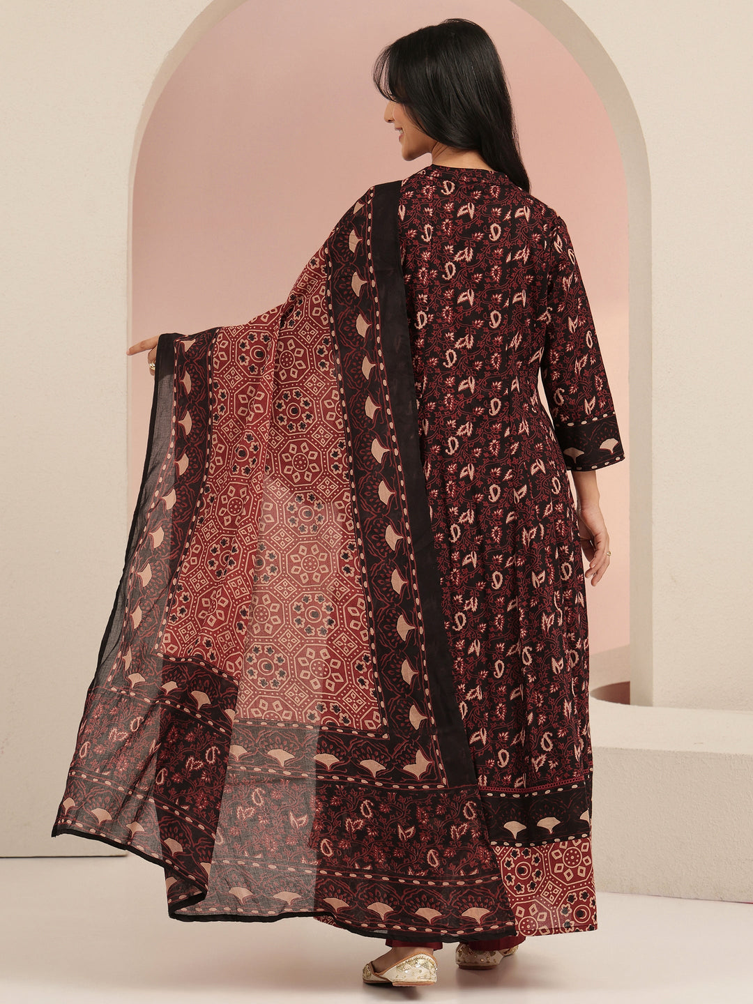  Black Ajrakh Printed Cotton Anarkali Suit Set 
