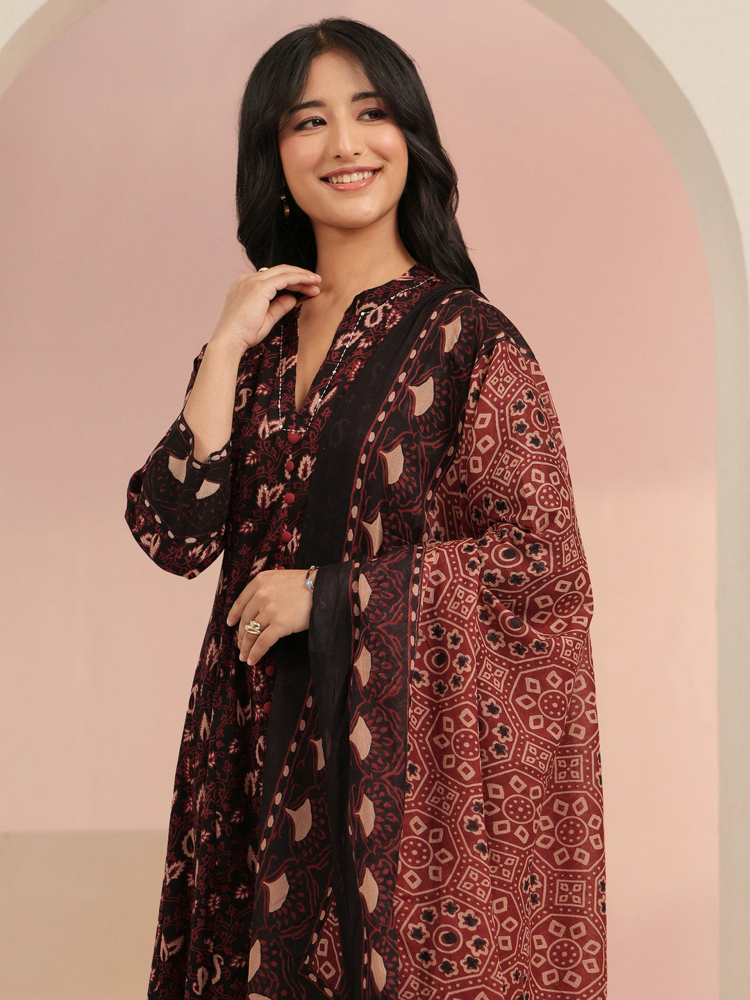  Black Ajrakh Printed Cotton Anarkali Suit Set 