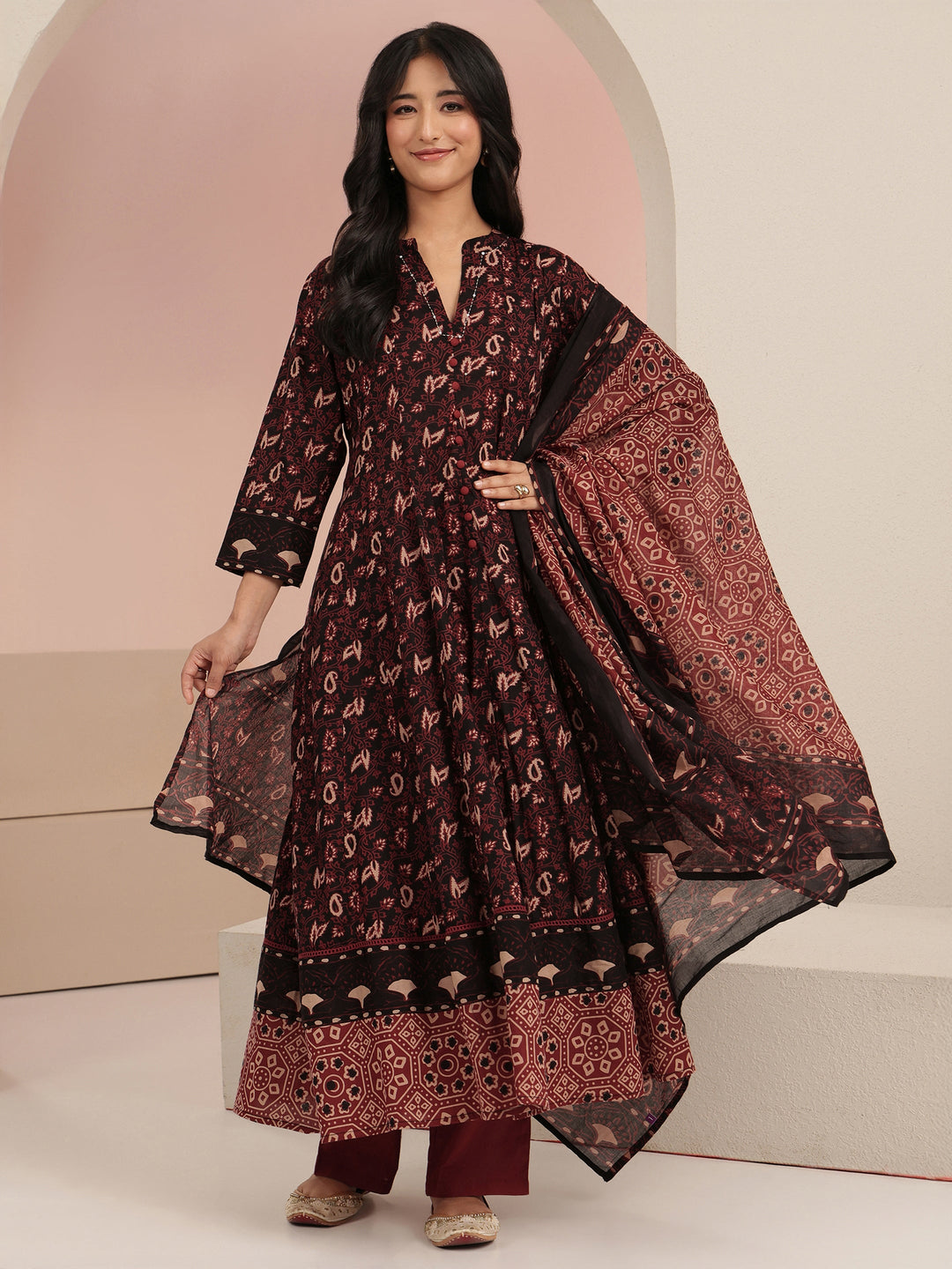  Black Ajrakh Printed Cotton Anarkali Suit Set 
