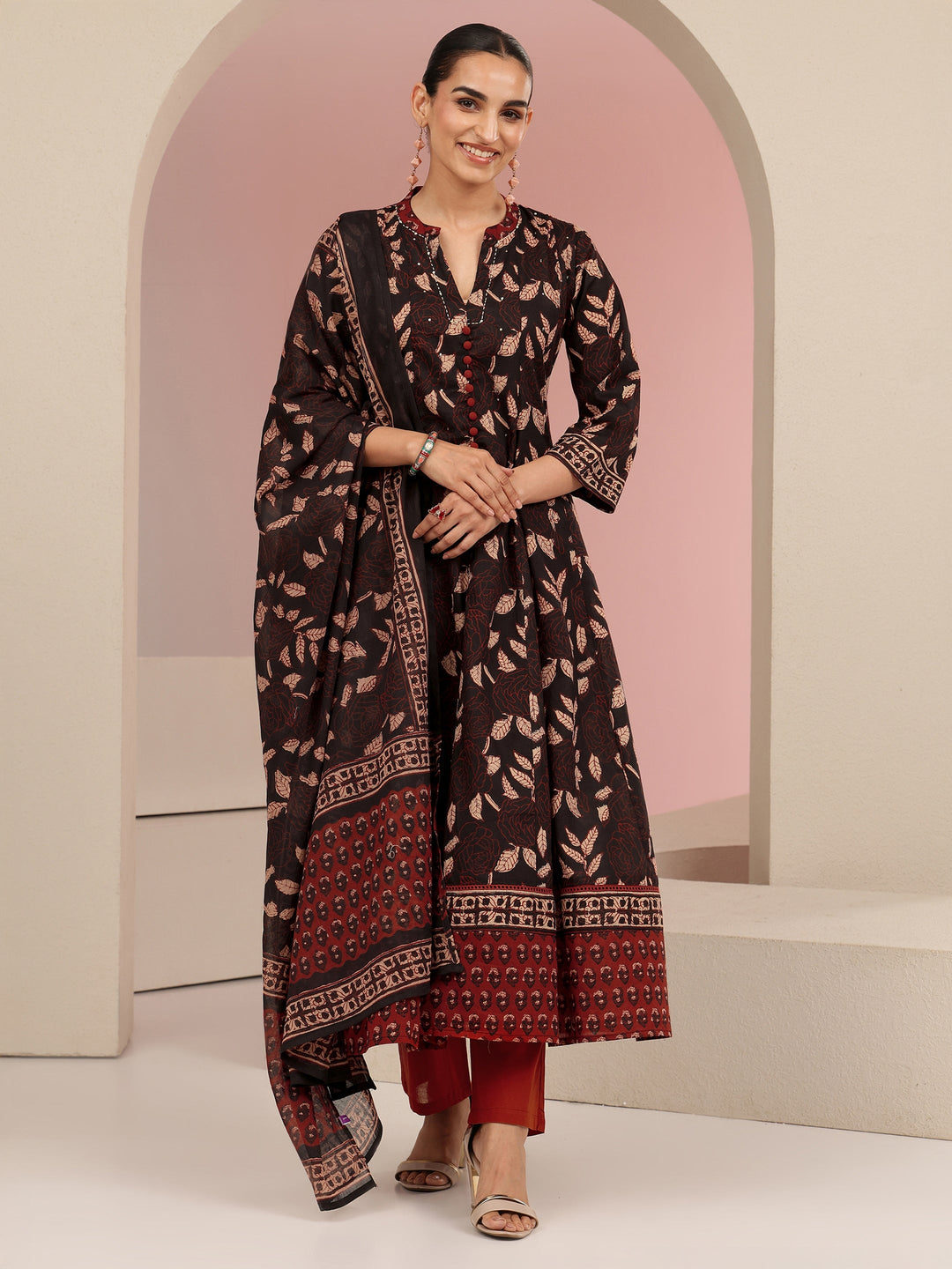  Black Leaf Printed Anarkali Cotton Suit Set 