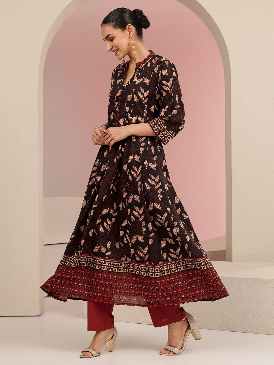  Black Leaf Printed Anarkali Cotton Suit Set 