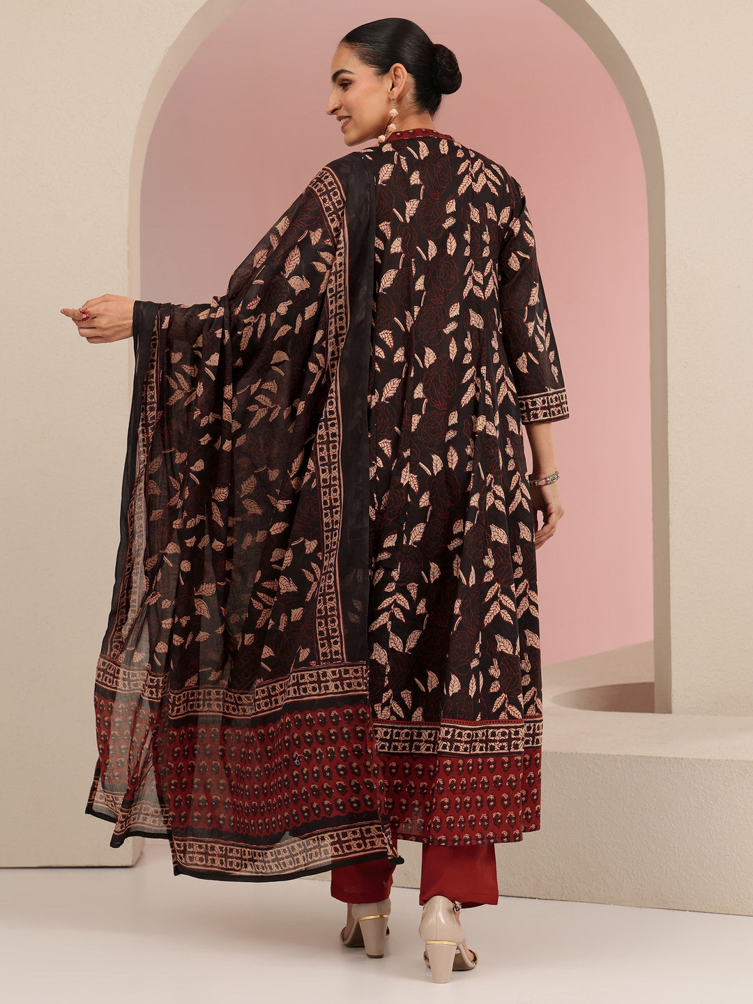  Black Leaf Printed Anarkali Cotton Suit Set 