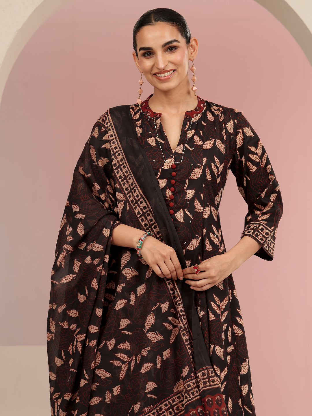  Black Leaf Printed Anarkali Cotton Suit Set 