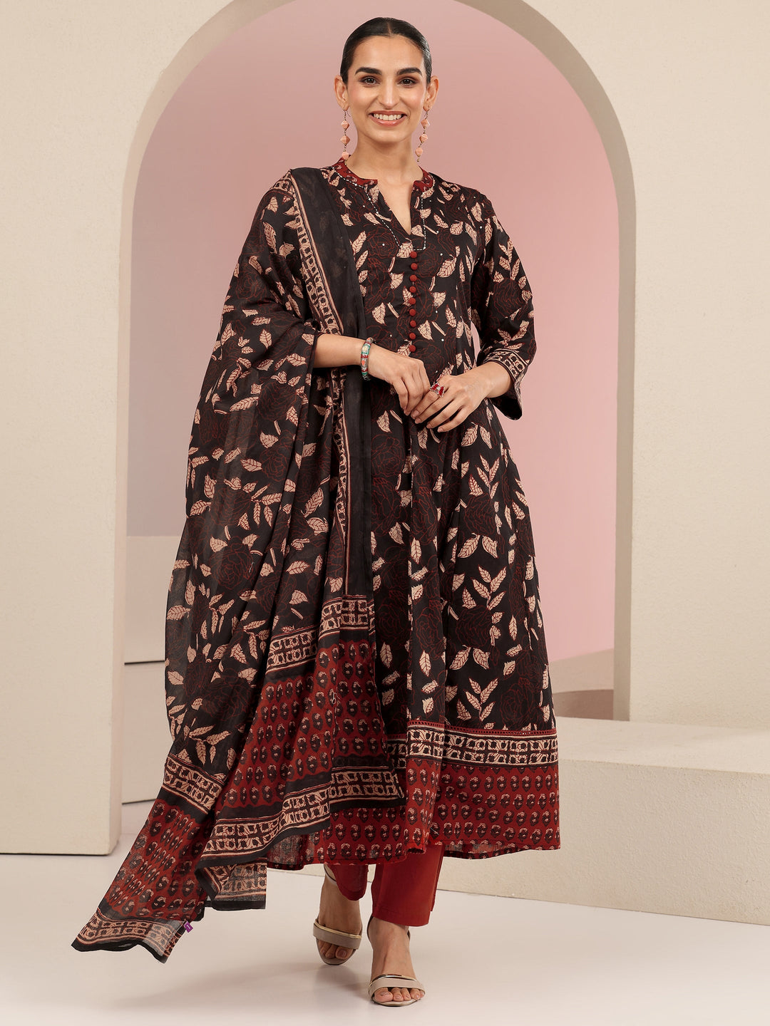  Black Leaf Printed Anarkali Cotton Suit Set 