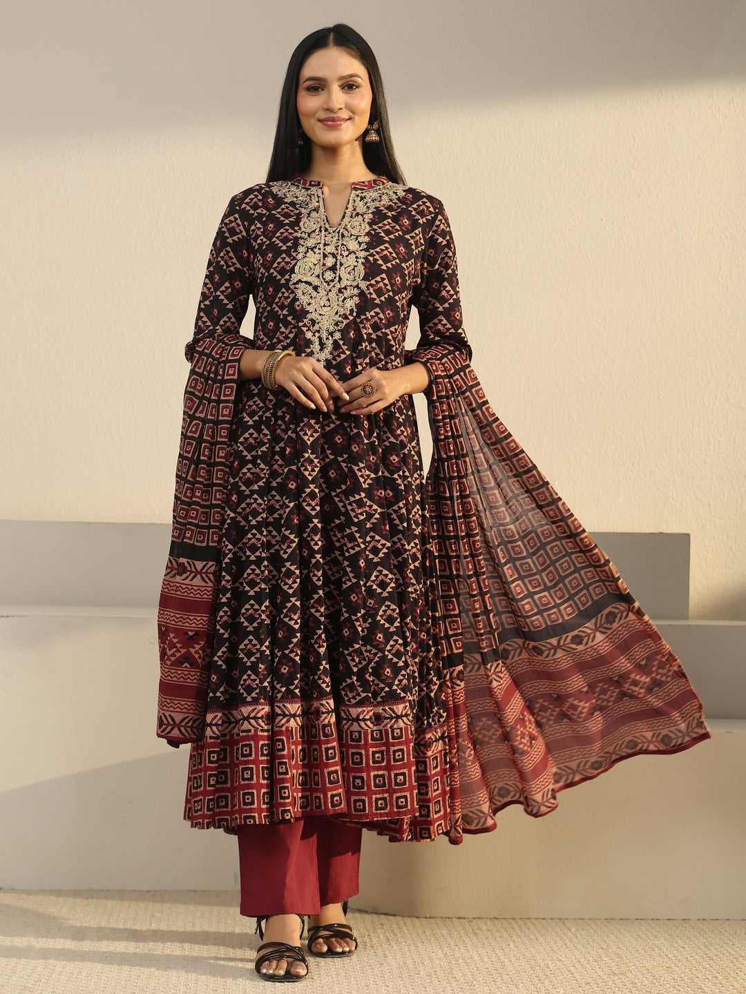  Libas Black Ajrakh Yoke Embroidered Cotton Anarkali Suit Set 