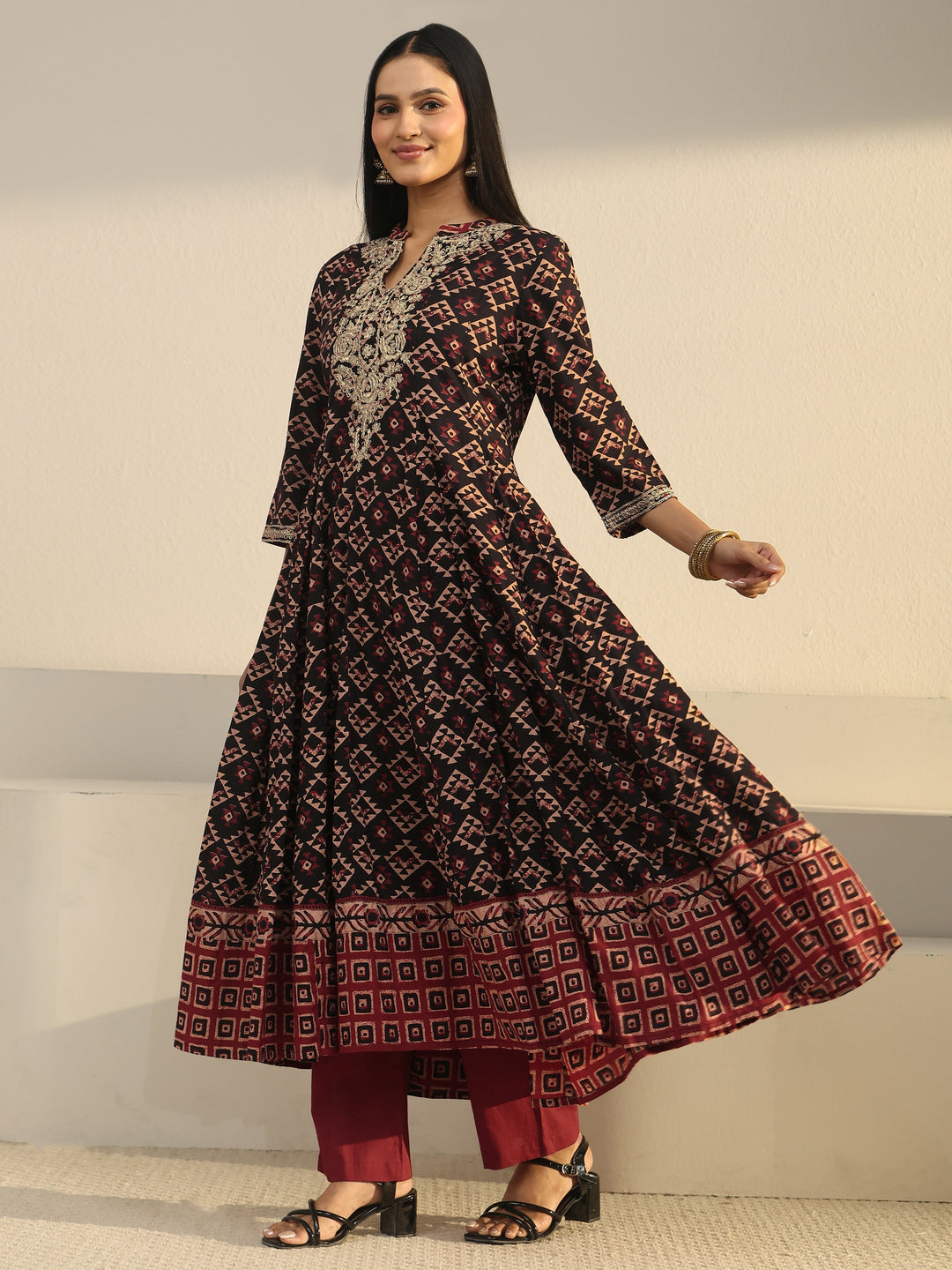  Libas Black Ajrakh Yoke Embroidered Cotton Anarkali Suit Set 