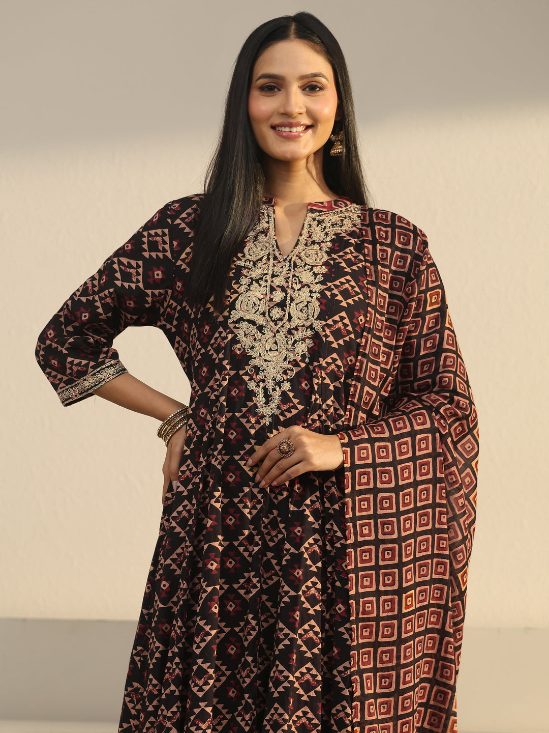  Libas Black Ajrakh Yoke Embroidered Cotton Anarkali Suit Set 