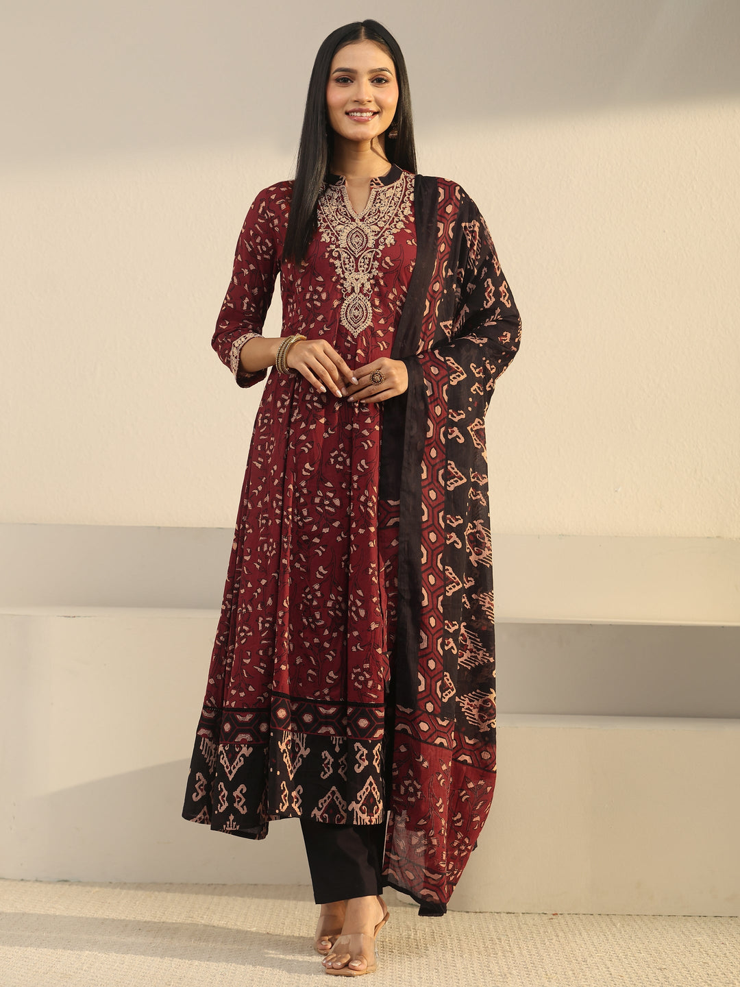  Libas Rust Brown Ajrakh Yoke Embroidered Cotton Anarkali Suit Set 