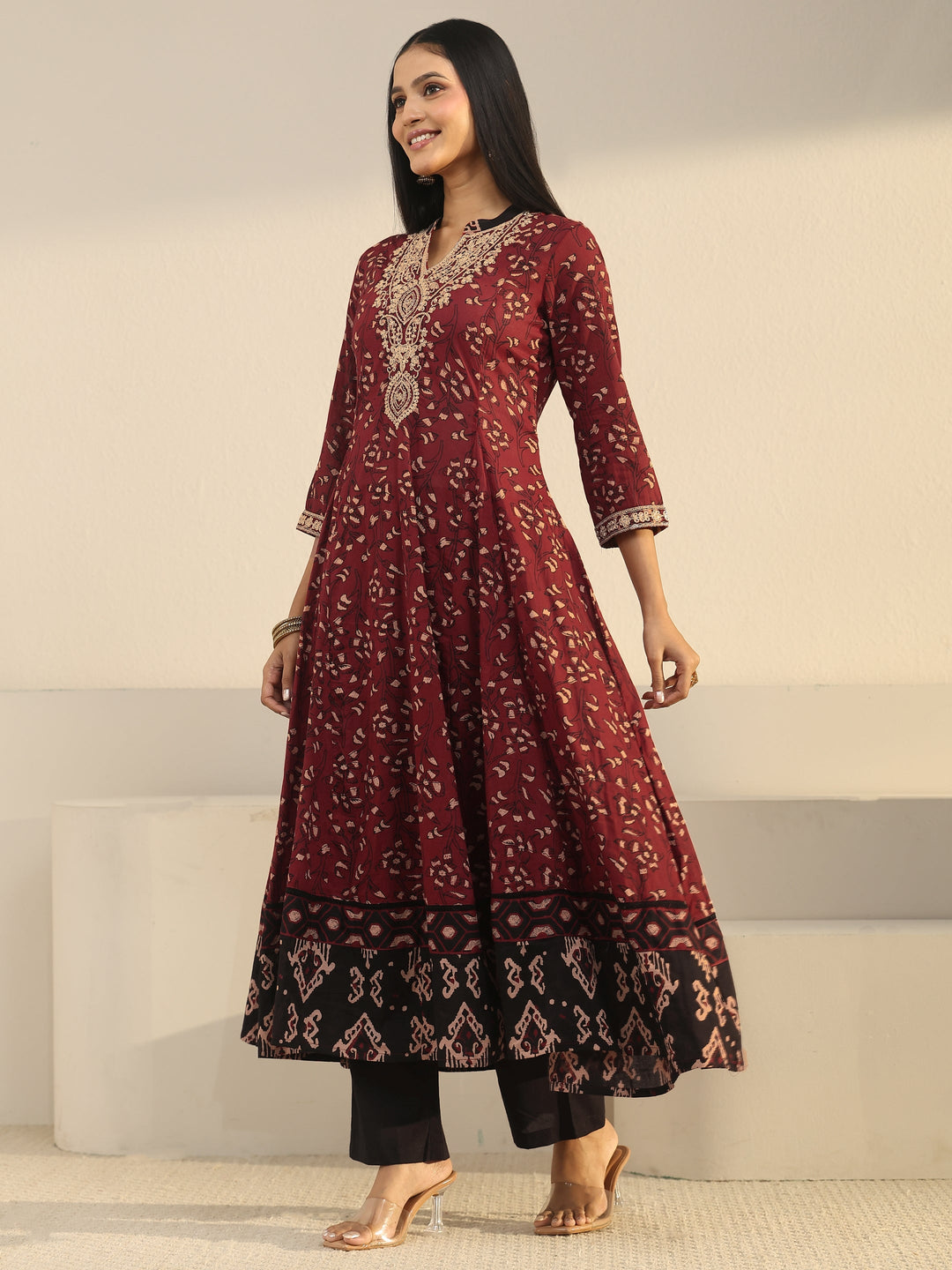  Libas Rust Brown Ajrakh Yoke Embroidered Cotton Anarkali Suit Set 