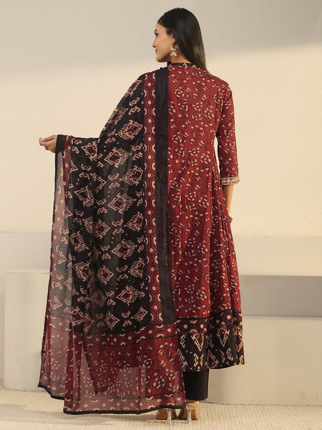  Libas Rust Brown Ajrakh Yoke Embroidered Cotton Anarkali Suit Set 