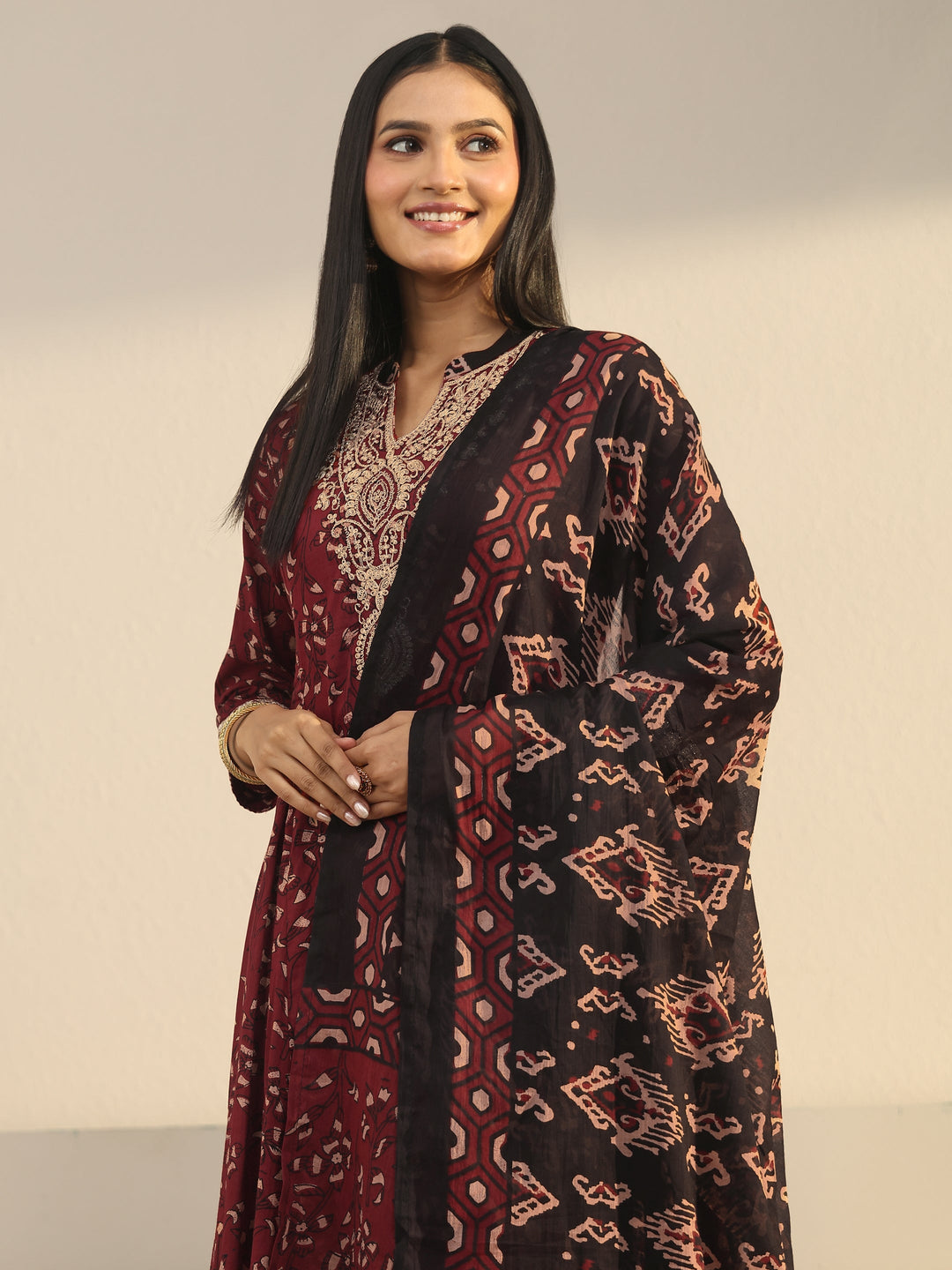  Libas Rust Brown Ajrakh Yoke Embroidered Cotton Anarkali Suit Set 