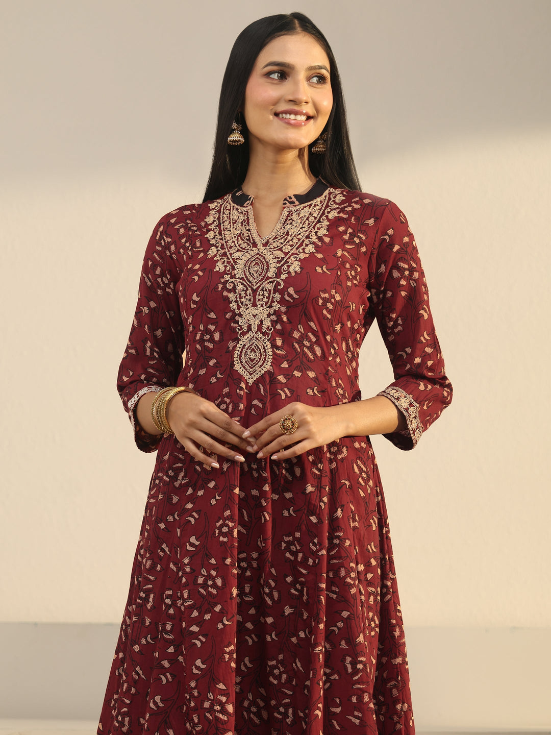  Libas Rust Brown Ajrakh Yoke Embroidered Cotton Anarkali Suit Set 