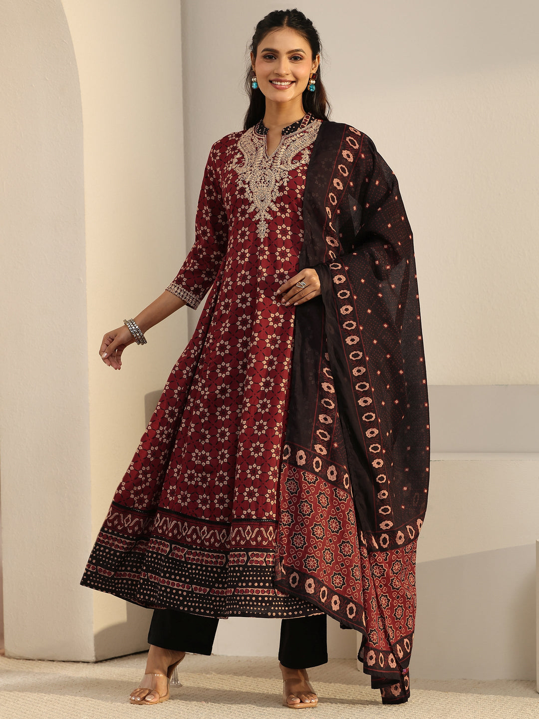  Libas Rust Brown Ajrakh Yoke Embroidered Cotton Anarkali Suit Set 