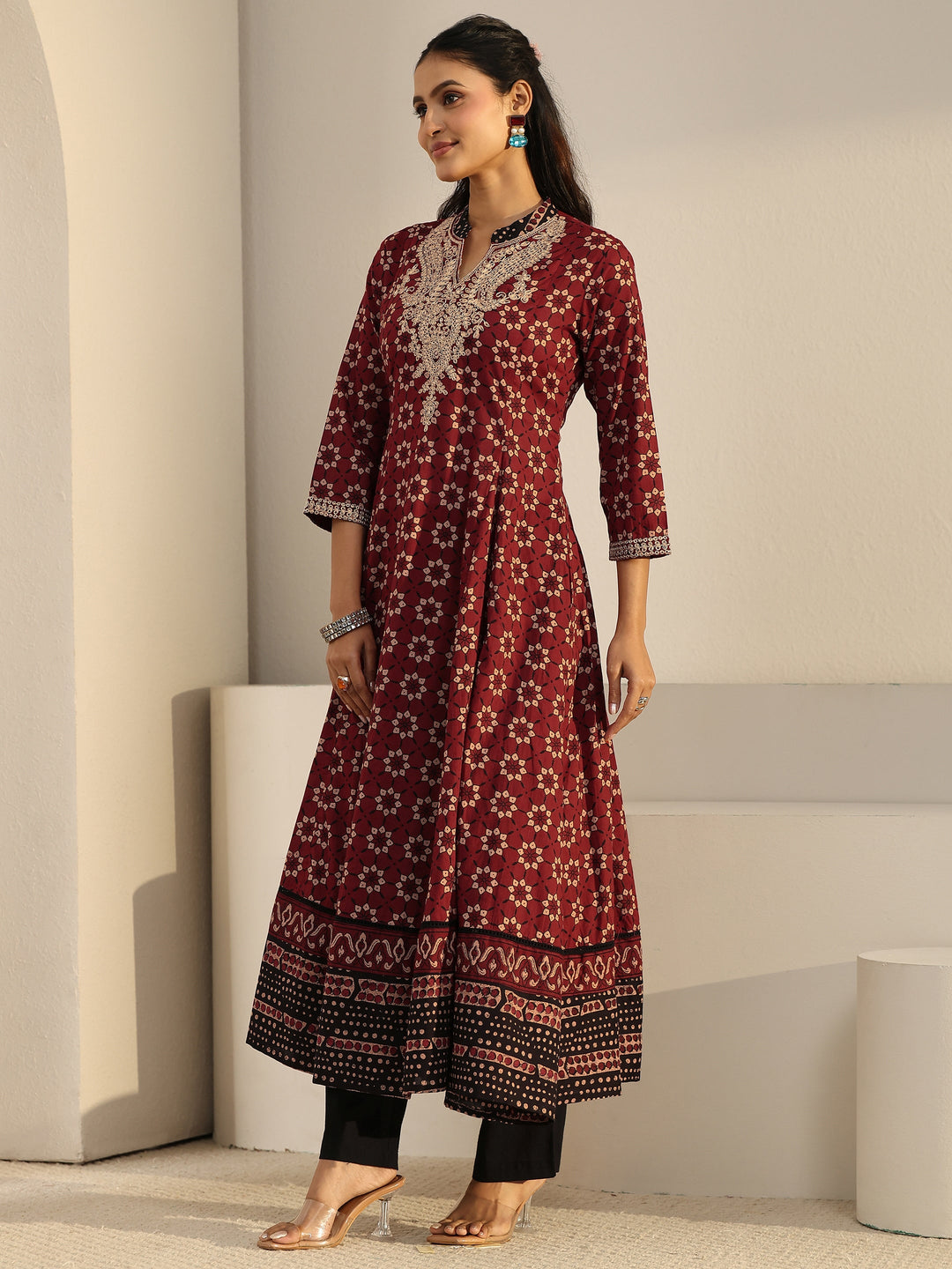  Libas Rust Brown Ajrakh Yoke Embroidered Cotton Anarkali Suit Set 
