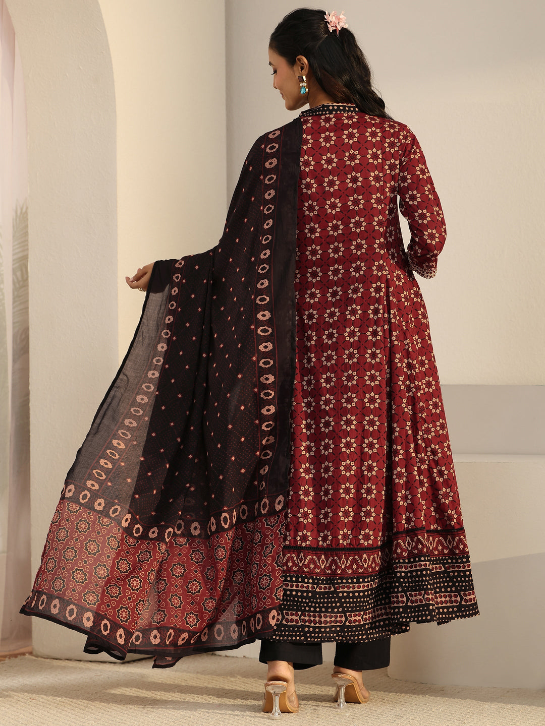  Libas Rust Brown Ajrakh Yoke Embroidered Cotton Anarkali Suit Set 